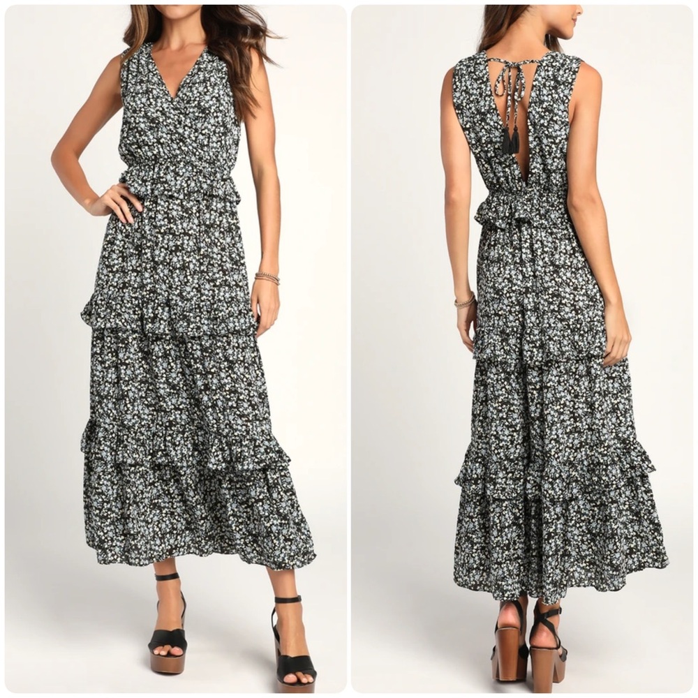 Lulus Spring In Your Step Black Flora Tiered Maxi Dress Size XL-14 Sleeveless
